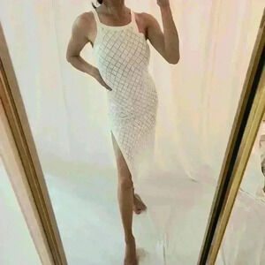 J.ING White Midi Maxi Dress Side Slit Sleeveless Summer Beach Diamond Stitch